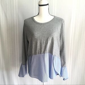 Marled Mixed Media Bell Sleeve Blouse Gray Medium Blue Pinstripe Top Cotton